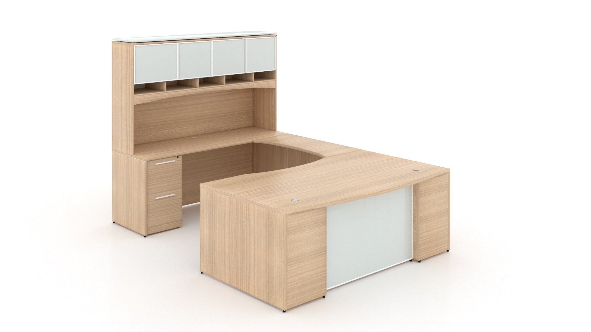 U-Shape Bow Front Desk with Glass Modesty Panel and Hutch 72” Miele