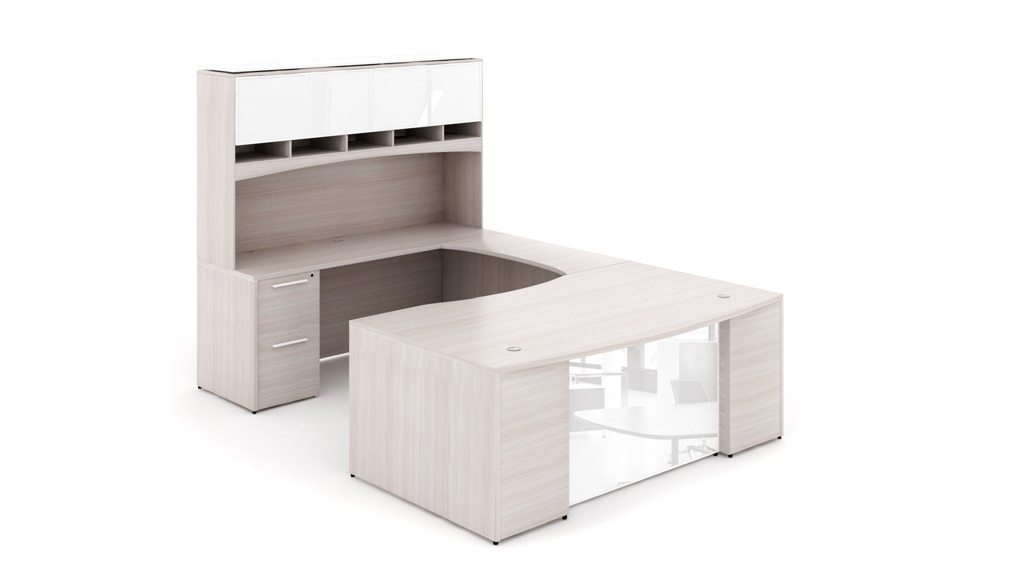 U-Shape Bow Front Desk with Glass Modesty Panel and Hutch 72” Blanc de Gris