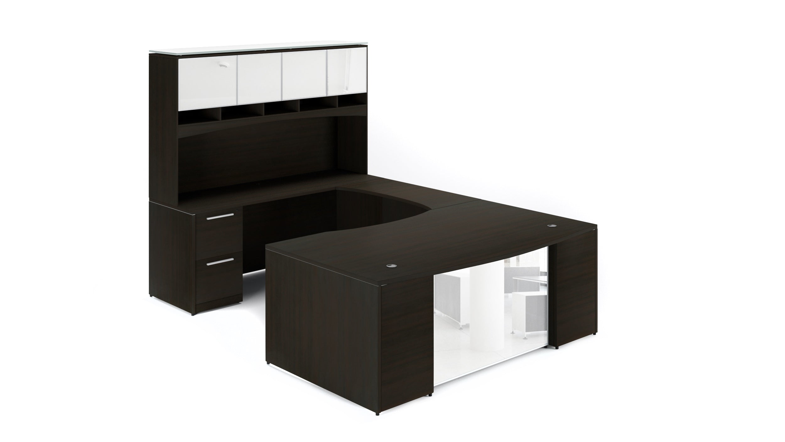 U-Shape Bow Front Desk with Glass Modesty Panel and Hutch 72” Espresso