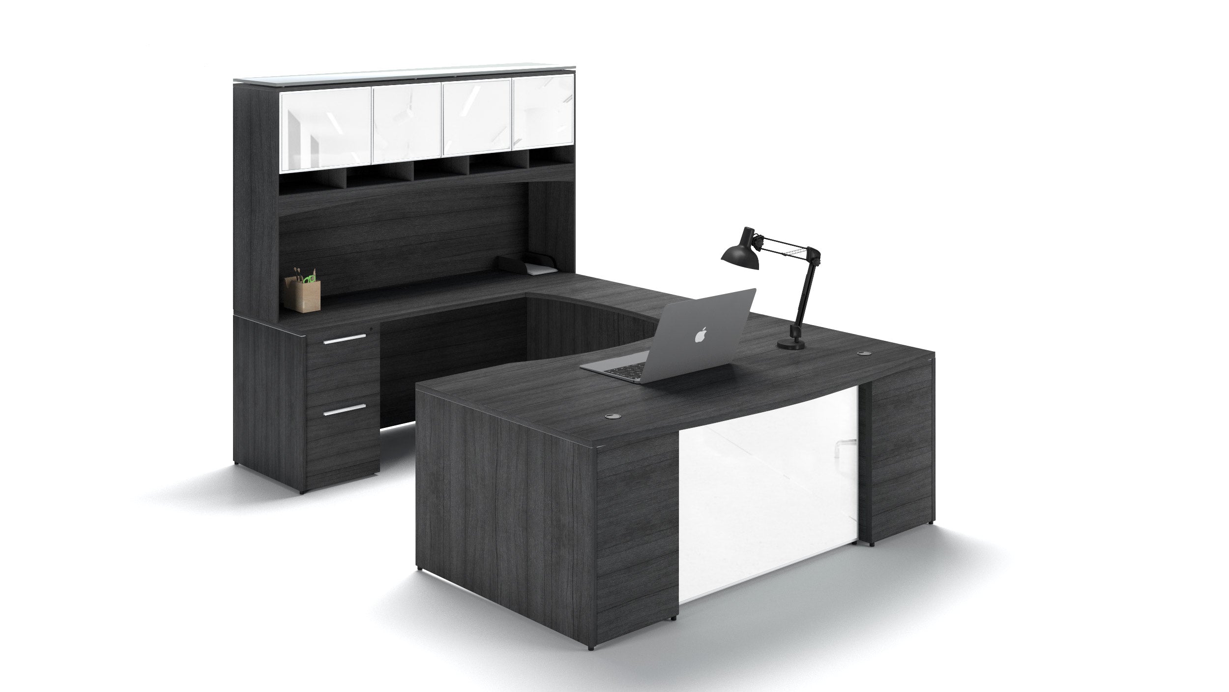 U-Shape Bow Front Desk with Glass Modesty Panel and Hutch 72” Grigio