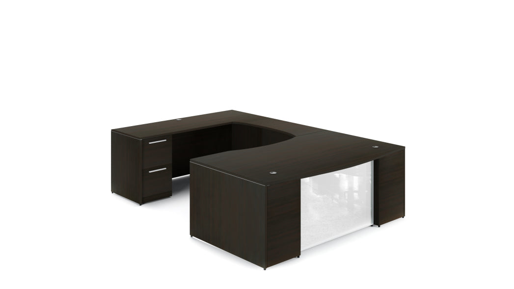 U-Shape Bow Front Desk with Glass Modesty Panel Espresso