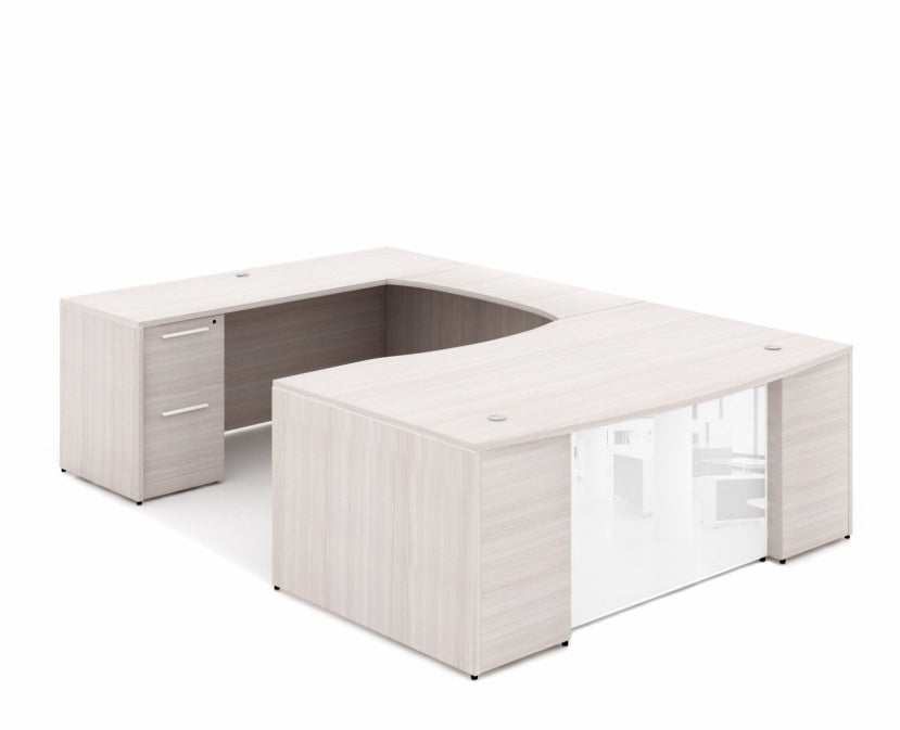 U-Shape Bow Front Desk with Glass Modesty Panel Blanc de Gris