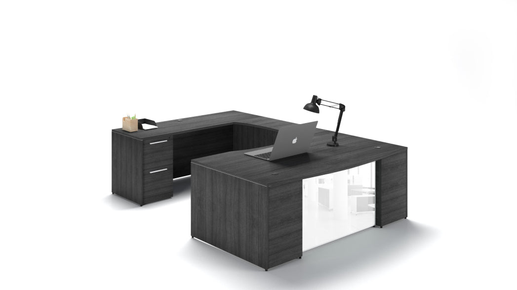 U-Shape Bow Front Desk with Glass Modesty Panel Grigio