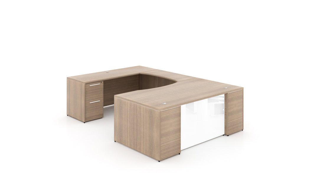 U-Shape Bow Front Desk with Glass Modesty Panel Noce