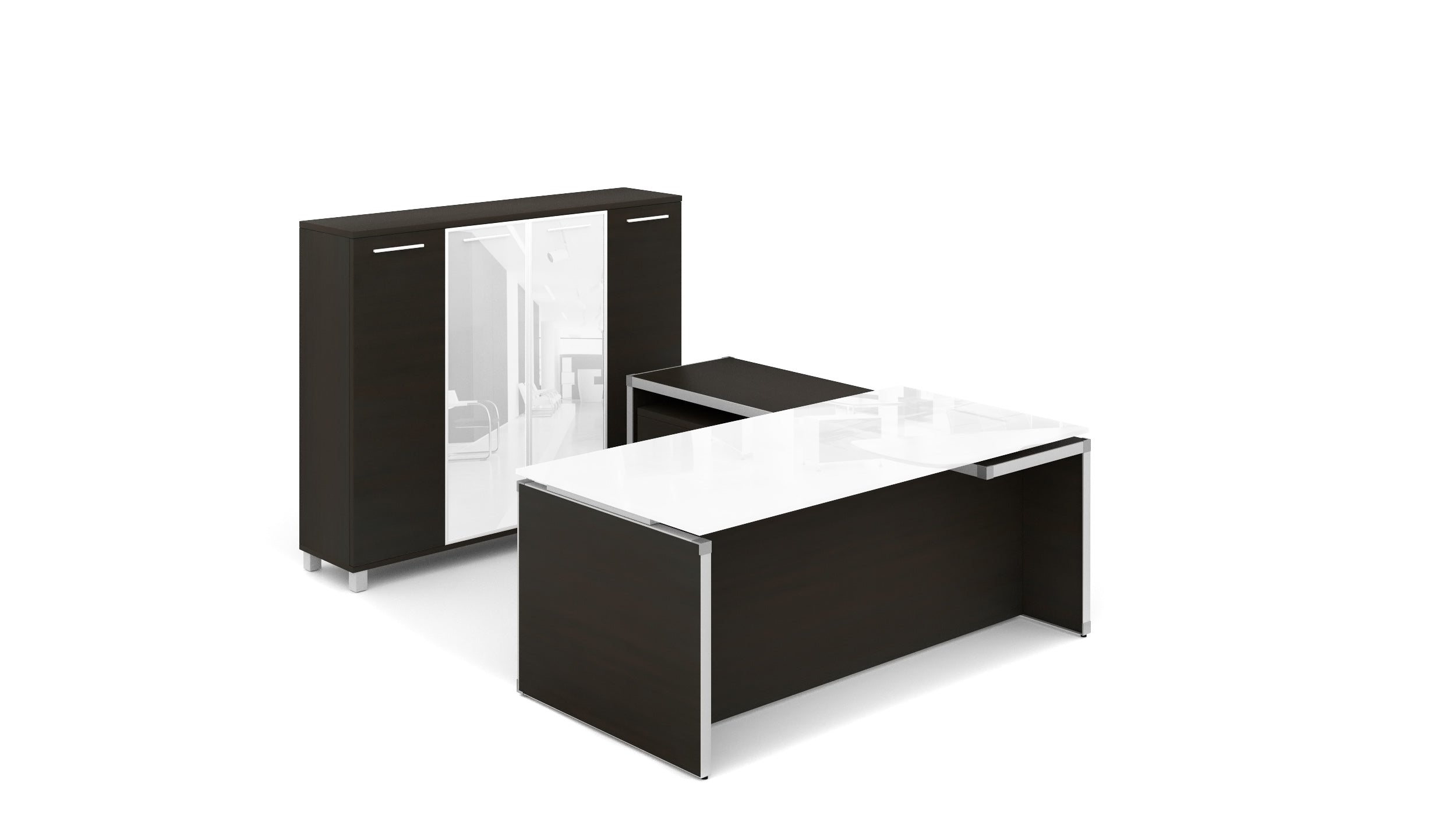 U-Shape Executive Desk with Glass Top Espresso