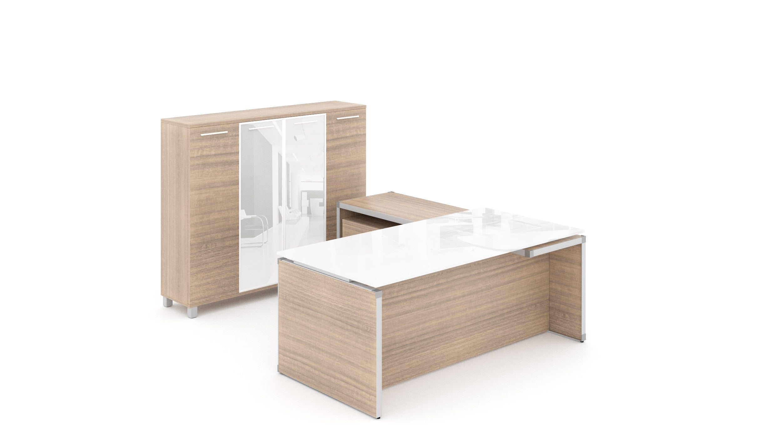 U-Shape Executive Desk with Glass Top Noce