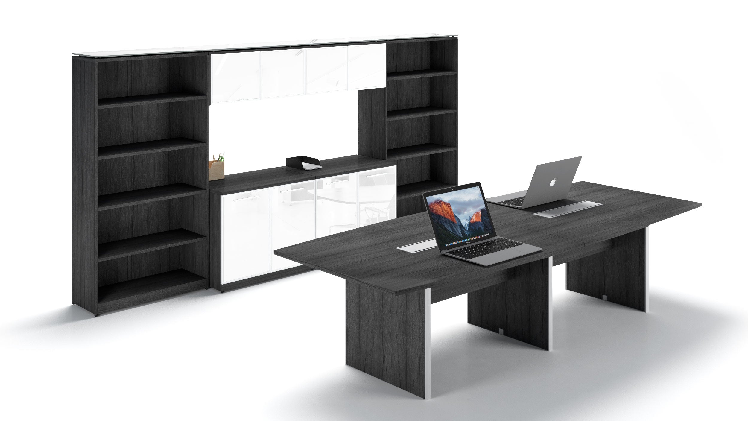 Laminate Conference Room Layout with Glass Door Storages Grigio