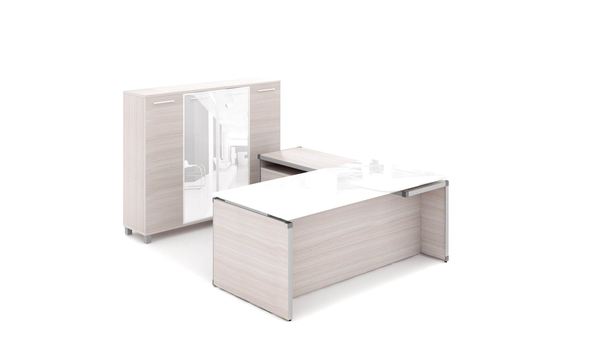 U-Shape Executive Desk with Glass Top Blanc de Gris