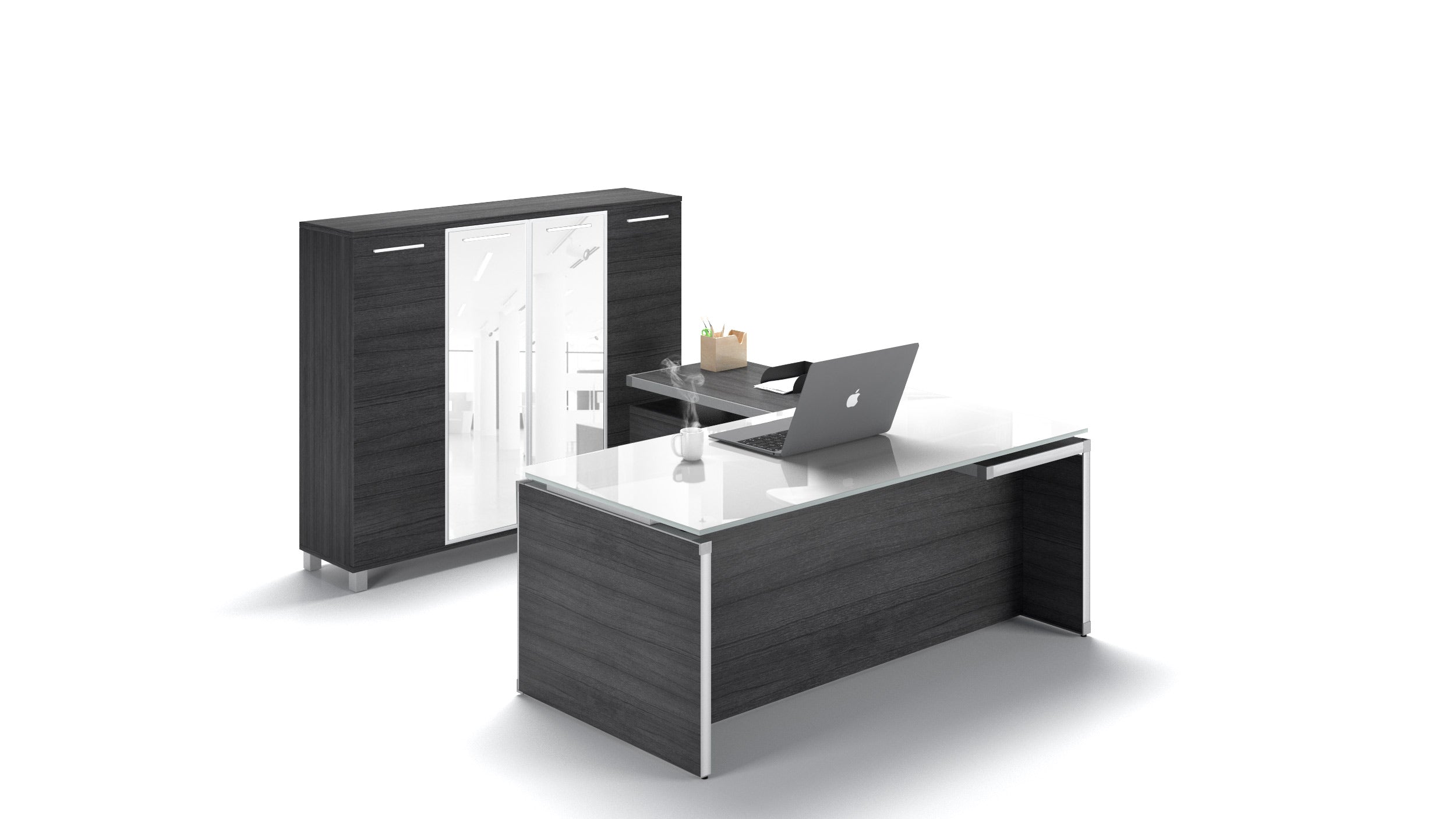 U-Shape Executive Desk with Glass Top Grigio