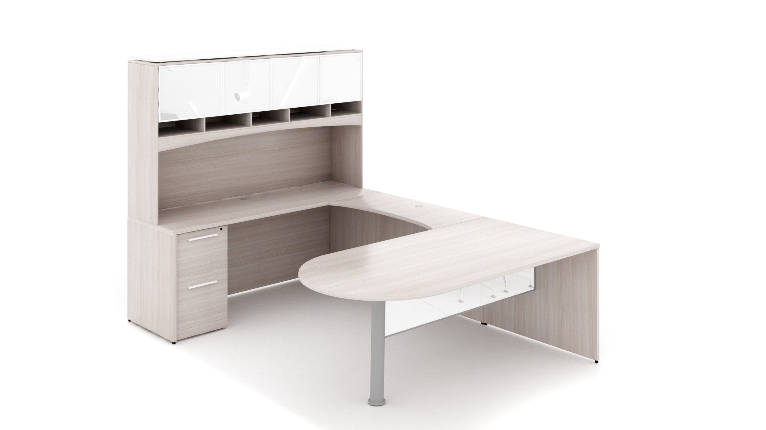 U-Shape Bullet End Desk With Glass Door Hutch Blanc de Gris
