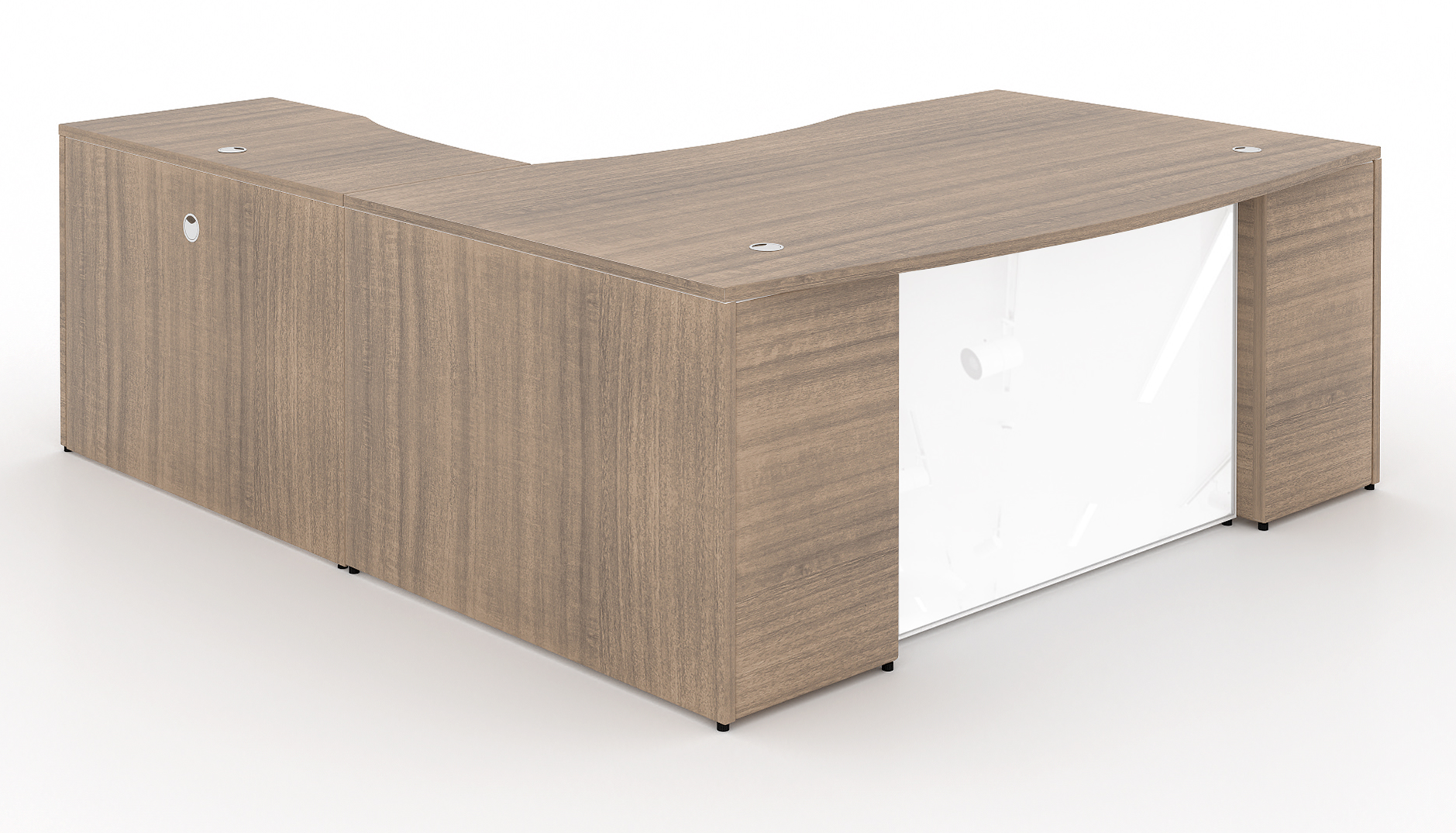 L-Shape Bow Front Desk with Glass Modesty Panel 72” Noce