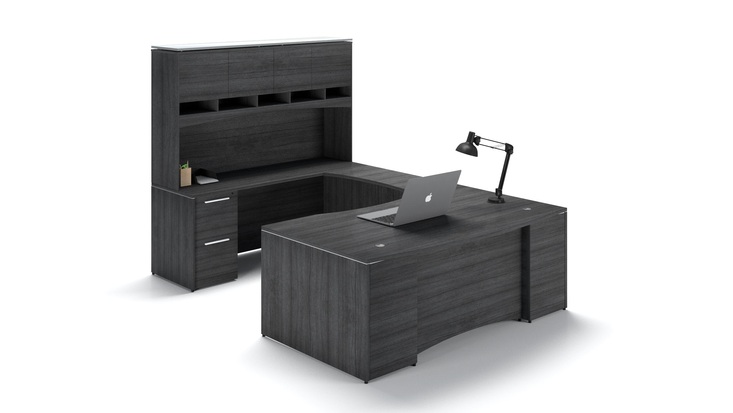 U-Shape Bow Front Desk with Laminate Modesty Panel and Hutch 72” Grigio