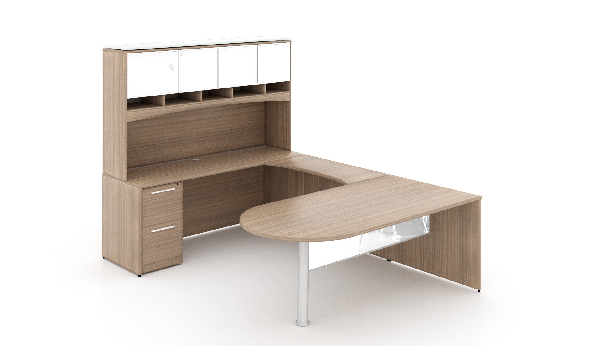 U-Shape Bullet End Desk With Glass Door Hutch Noce