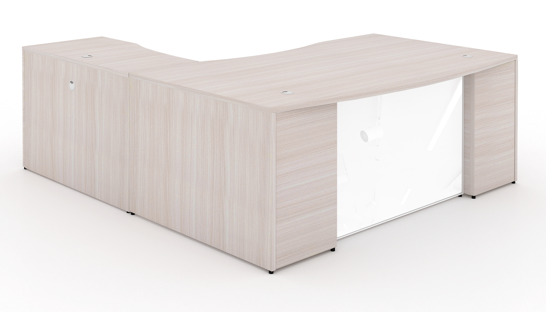 L-Shape Bow Front Desk with Glass Modesty Panel 72” Blanc de Gris