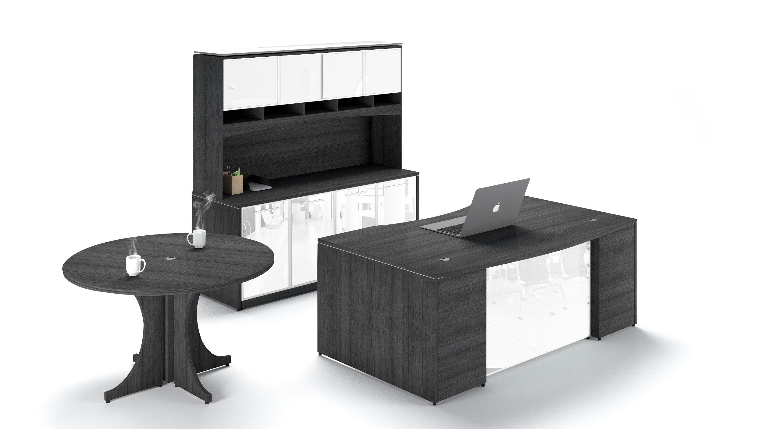 Executive Suite Layout with Glass Doors and Modesty Panel Grigio