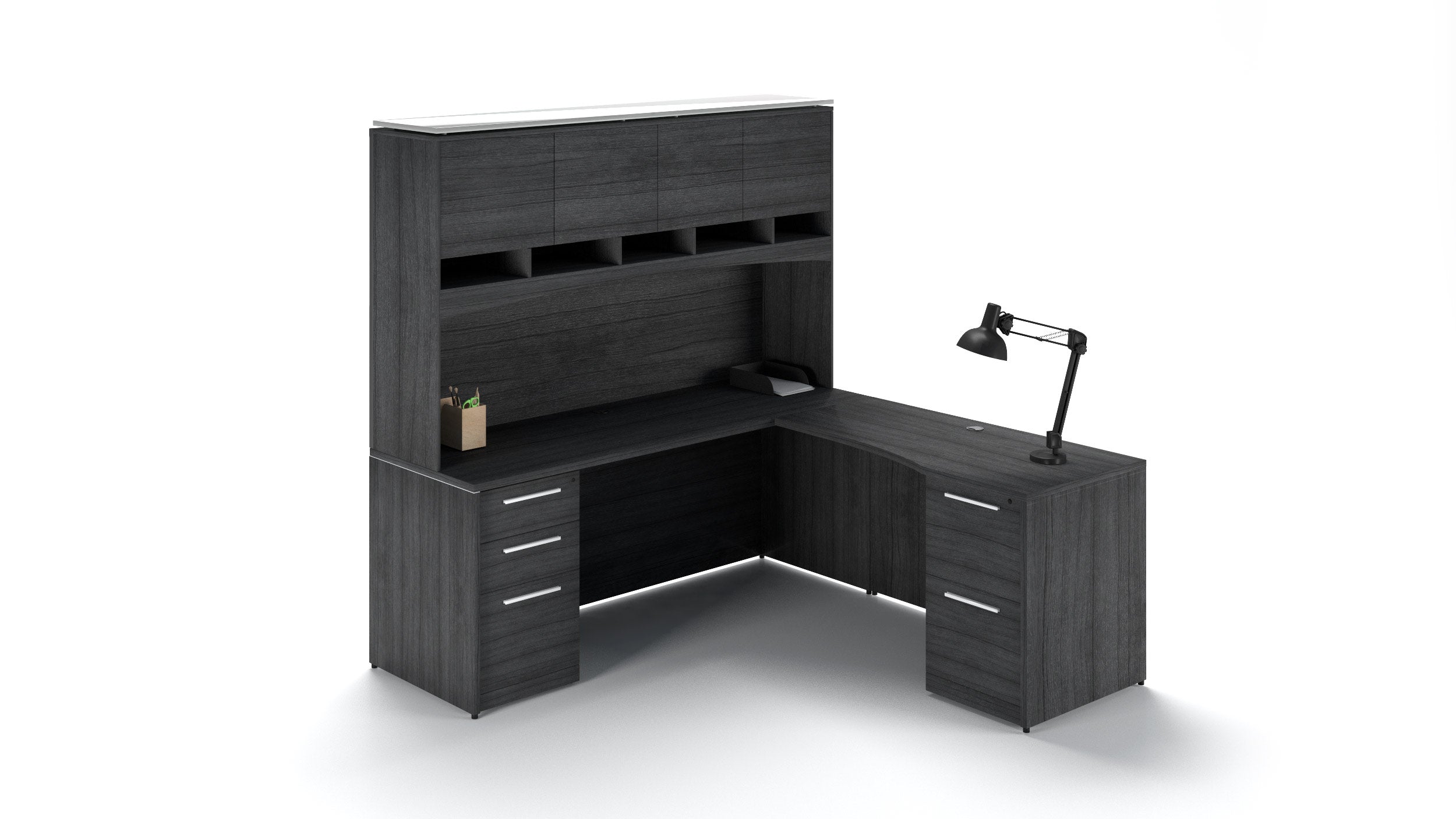 Double Storage Pedestal Credenza with Return and Hutch Grigio