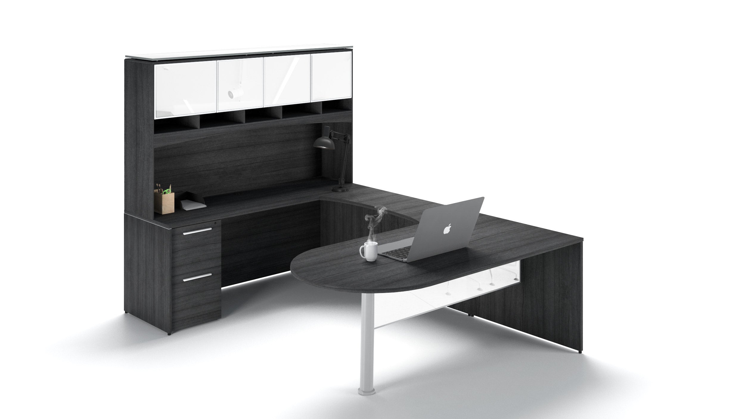 U-Shape Bullet End Desk With Glass Door Hutch Grigio