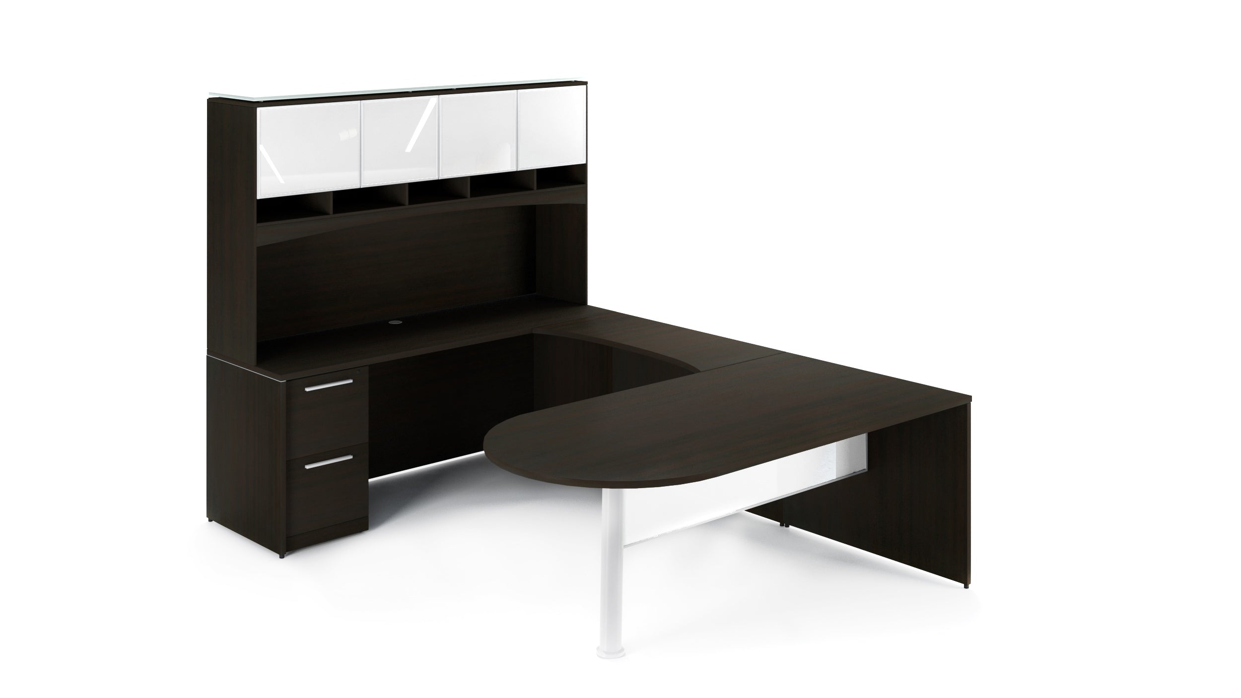U-Shape Bullet End Desk With Glass Door Hutch Espresso