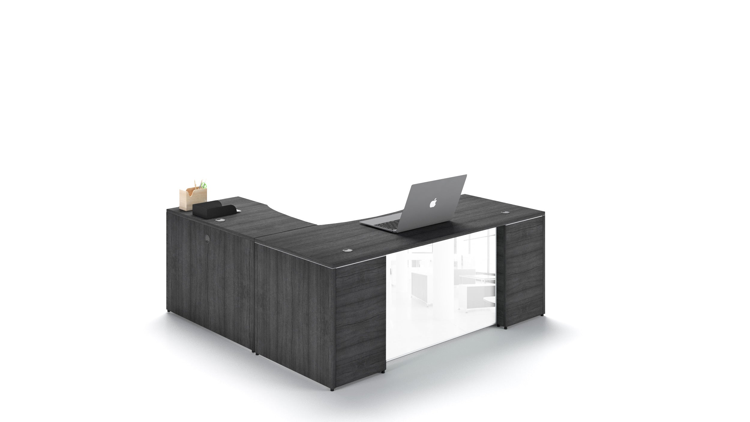 L-Shape Rectangular Desk with Glass Modesty Panel 66” Grigio